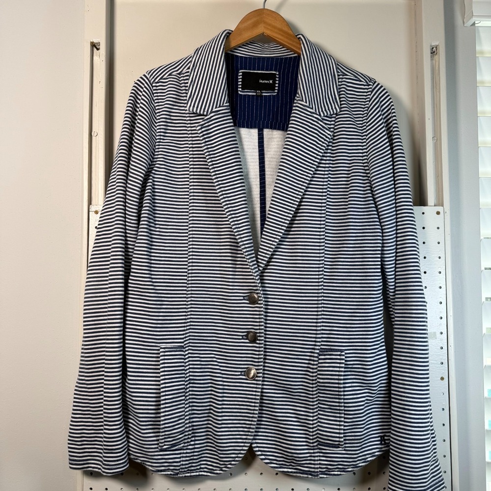 Hurley Blazer Women's Navy Blue White Striped Pockets 3-Button Jacket - XL